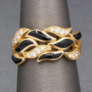 KABANA Black Coral and Diamond Waves Ring in 14k Yellow Gold