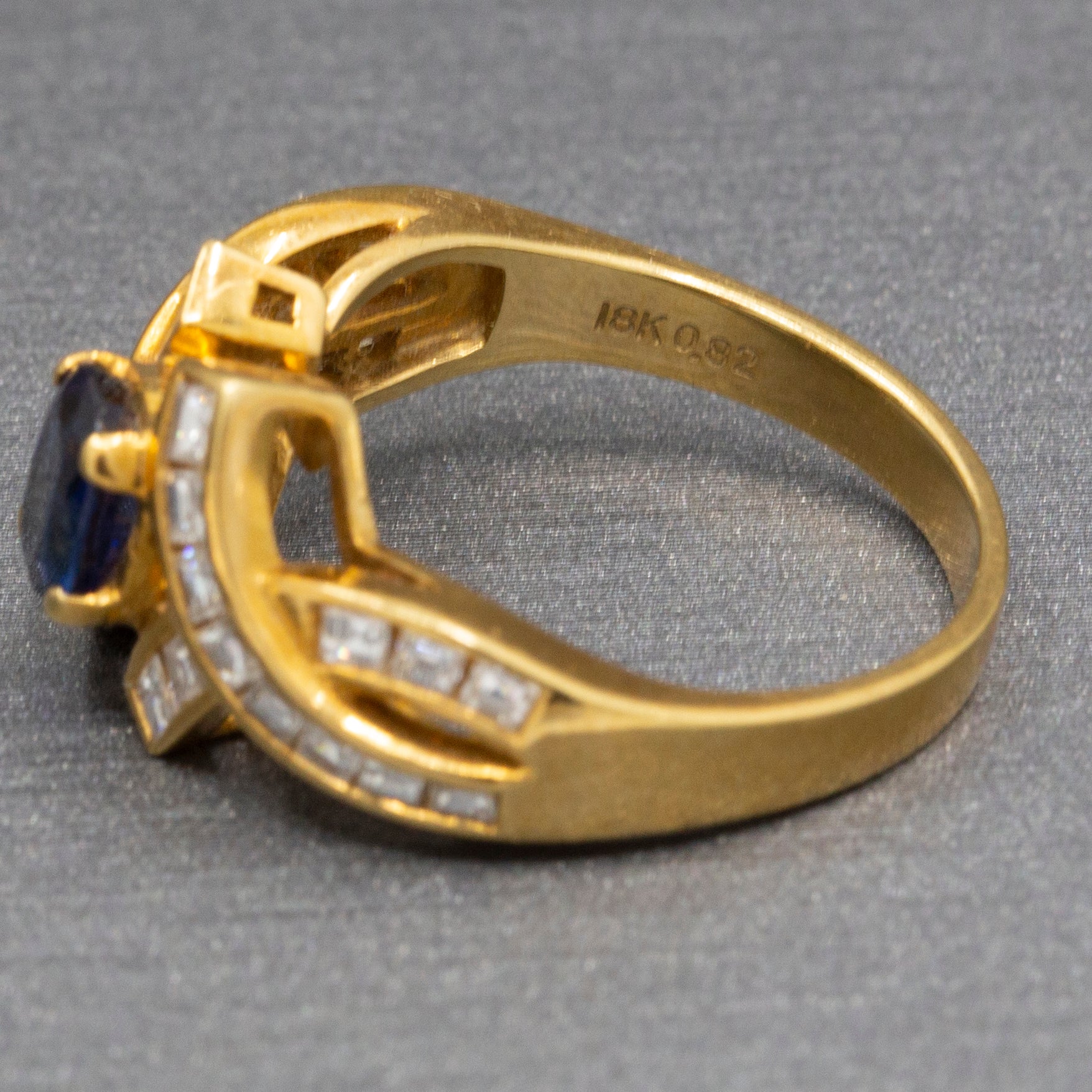 Sparkling Oval Cut Blue Sapphire and French Cut Carre' Diamond Ring in 18k Yellow Gold
