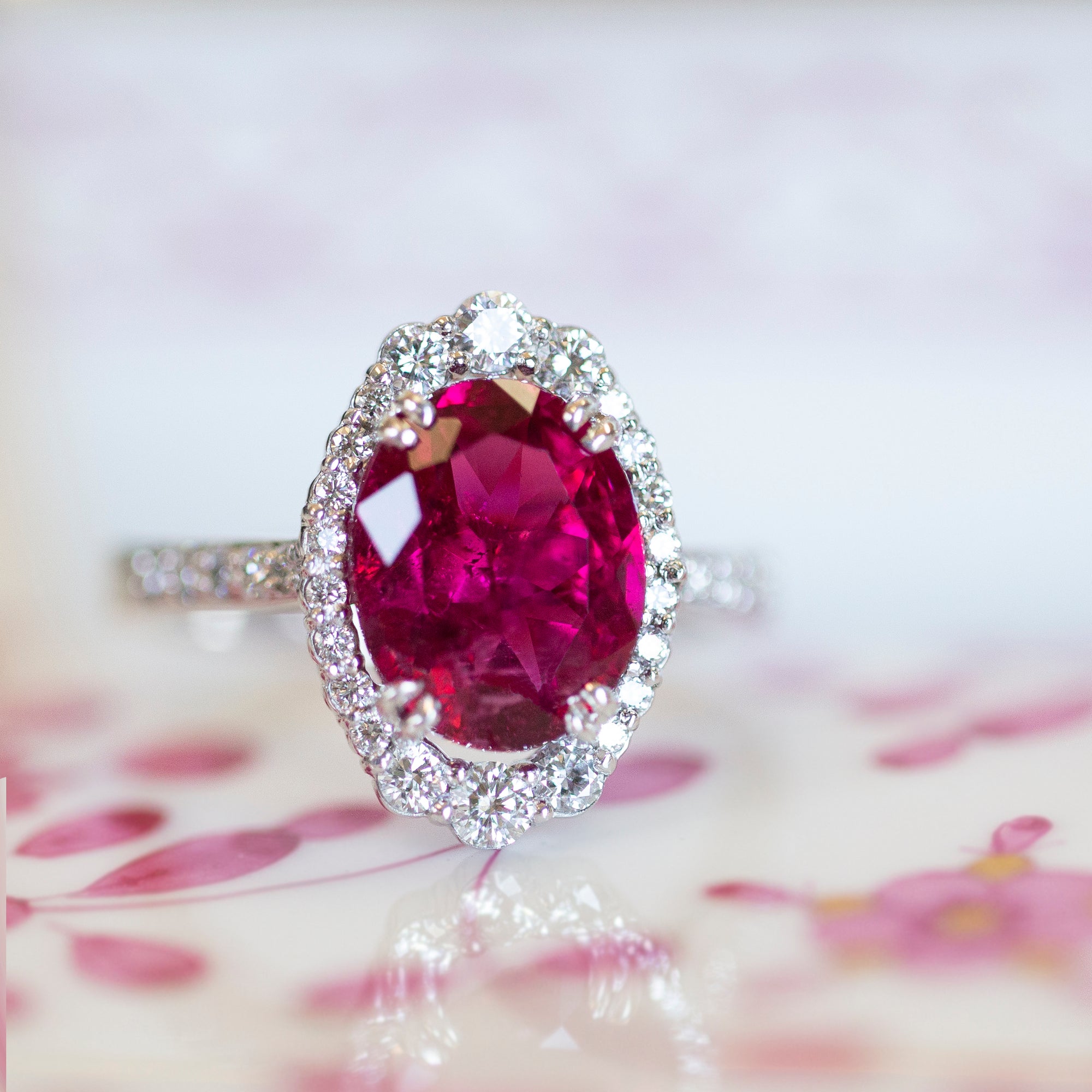 Handcrafted Rubellite Tourmaline and Diamond Cocktail Ring in 18k White Gold