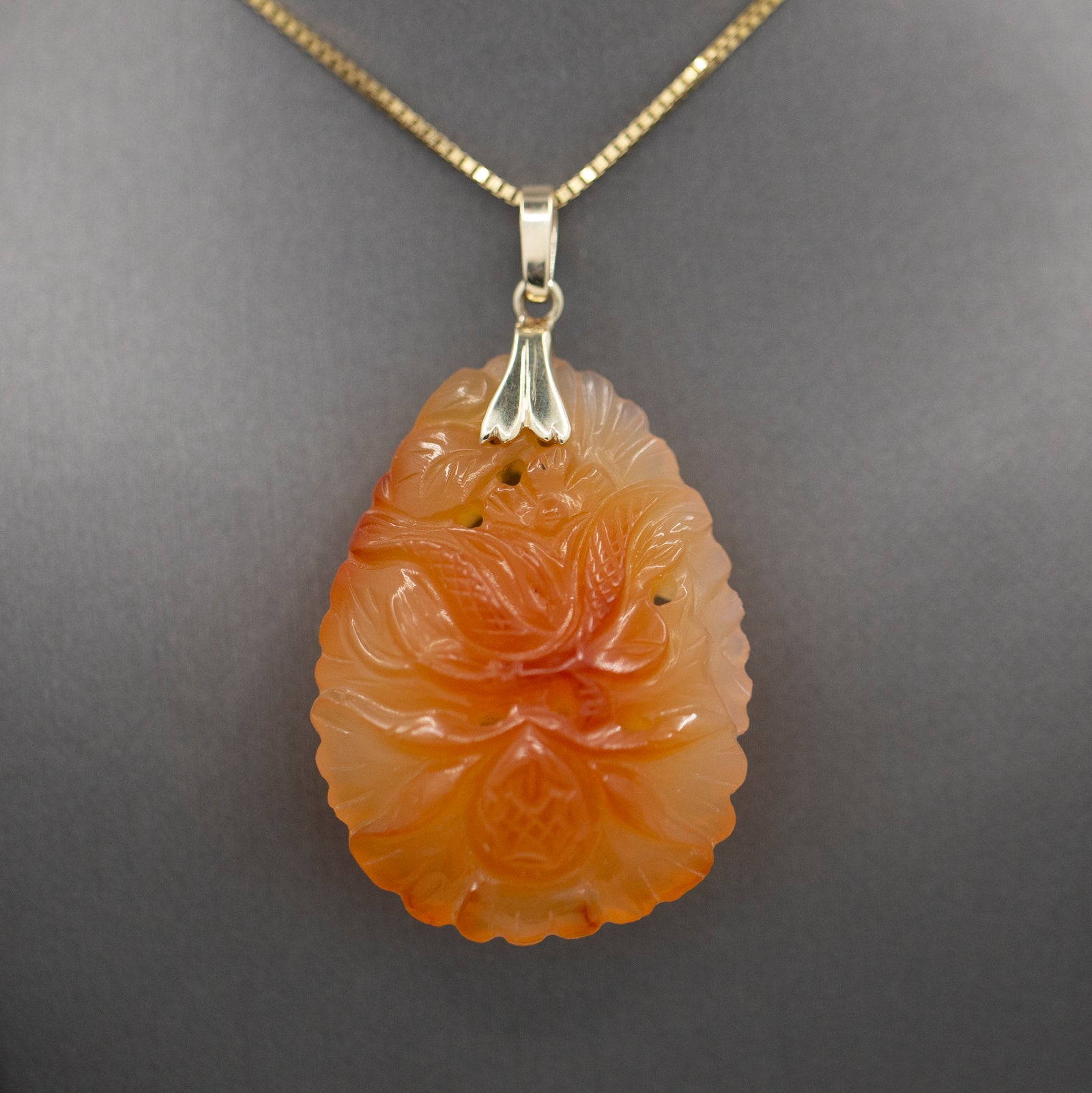 Vintage Carved Red Orange Jadeite Pendant 14k Yellow Gold