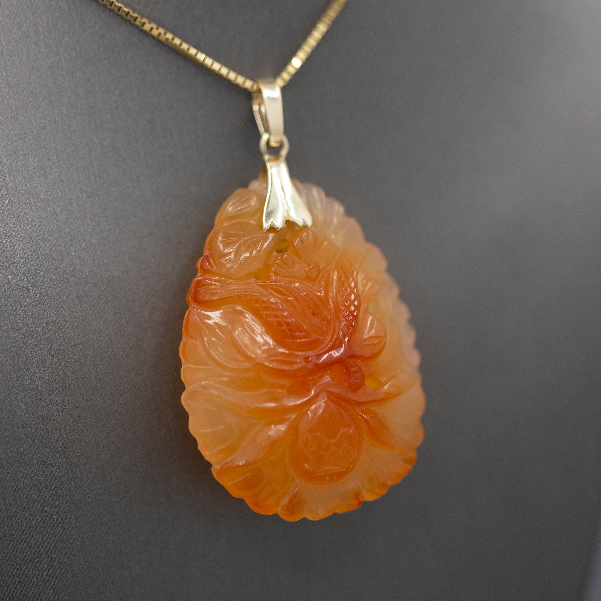 Vintage Carved Red Orange Jadeite Pendant 14k Yellow Gold