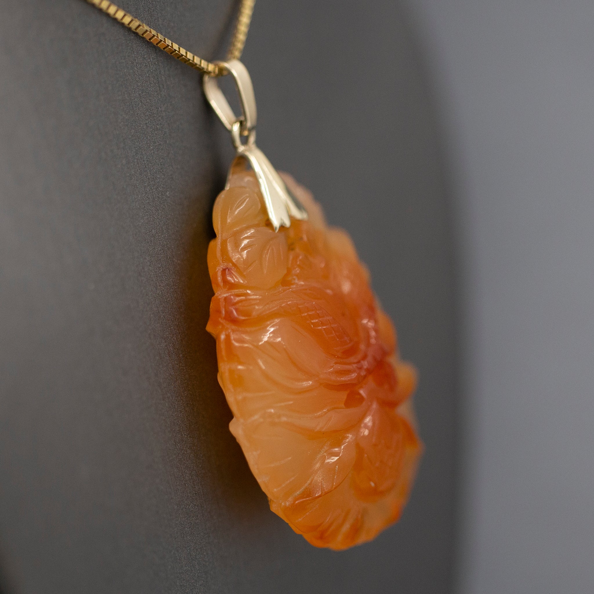 Vintage Carved Red Orange Jadeite Pendant 14k Yellow Gold