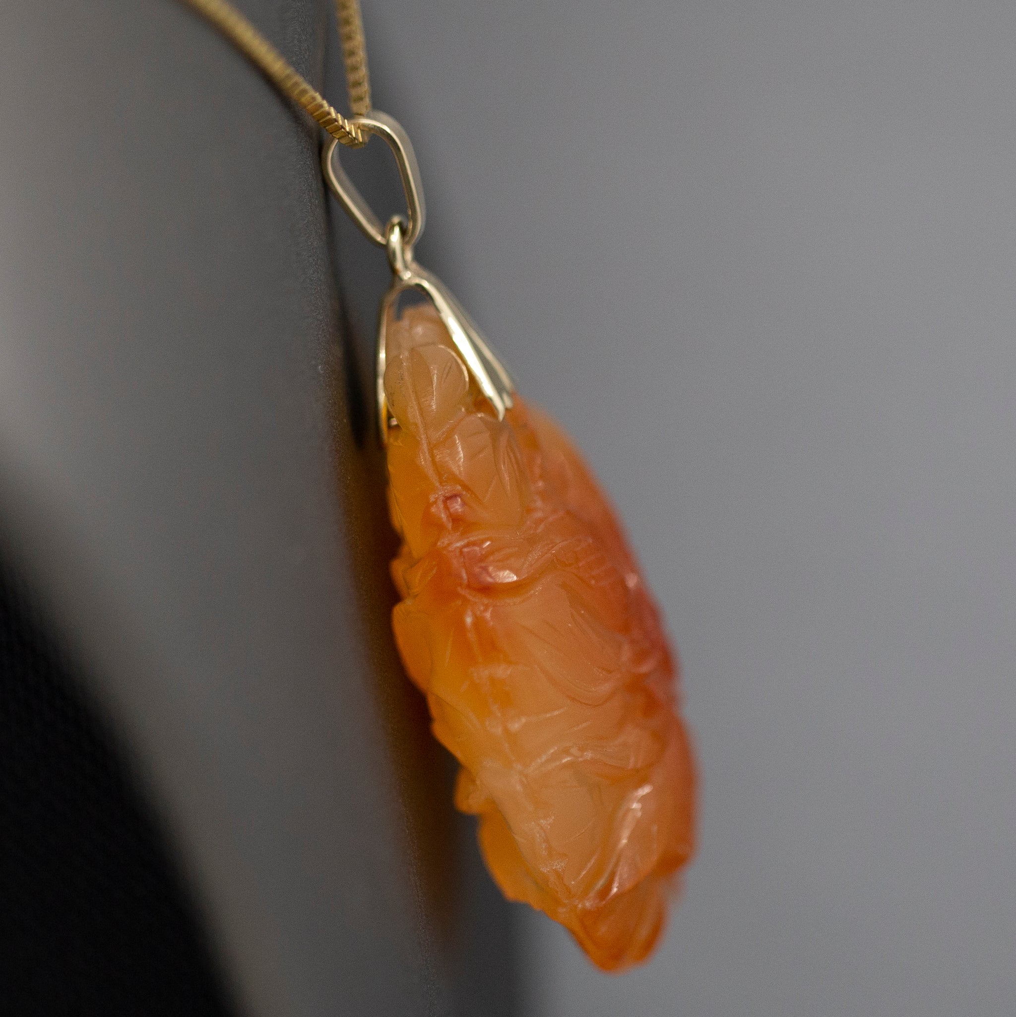 Vintage Carved Red Orange Jadeite Pendant 14k Yellow Gold