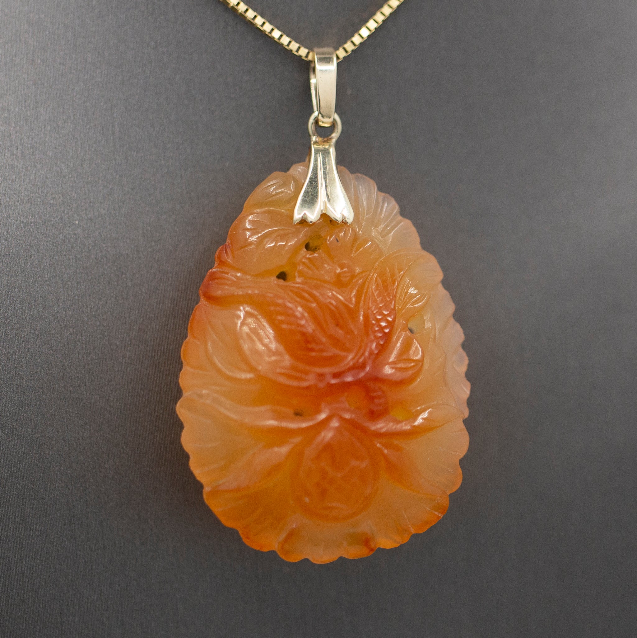 Vintage Carved Red Orange Jadeite Pendant 14k Yellow Gold