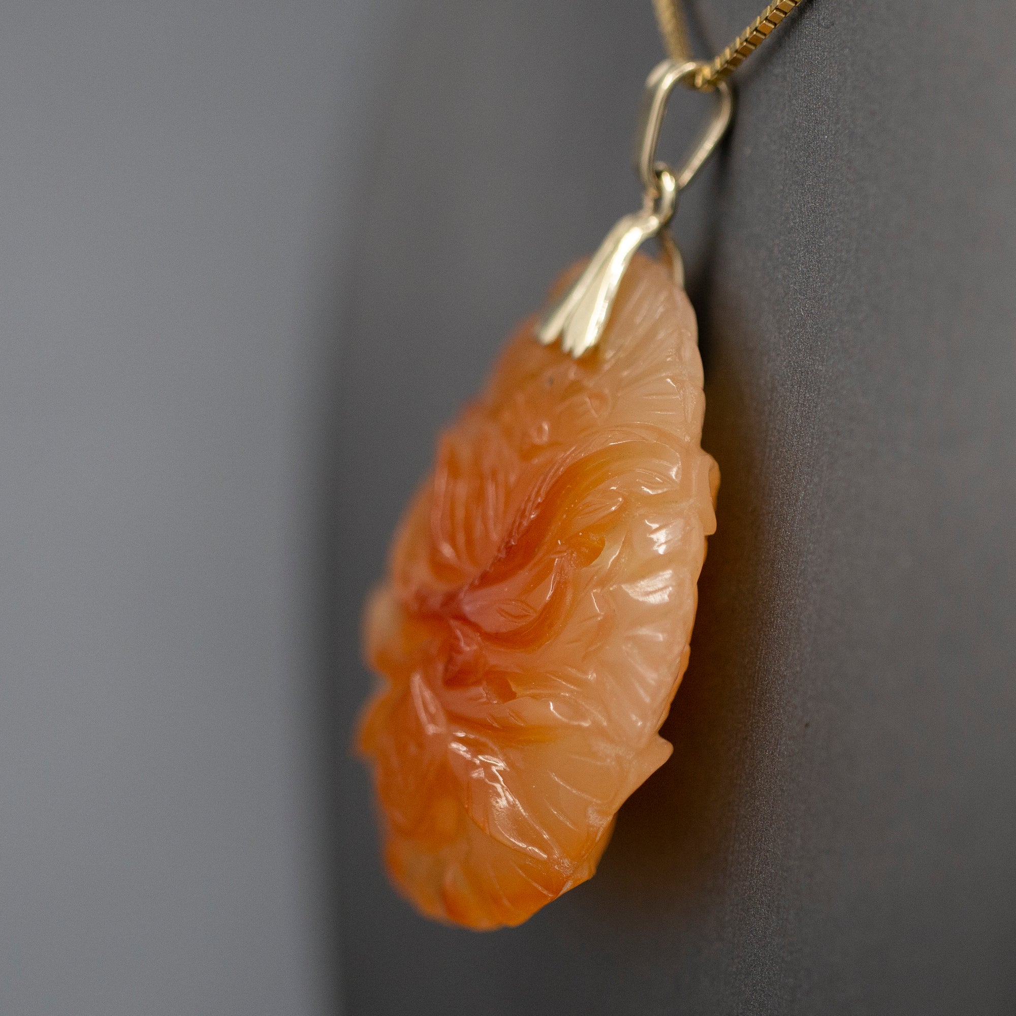 Vintage Carved Red Orange Jadeite Pendant 14k Yellow Gold
