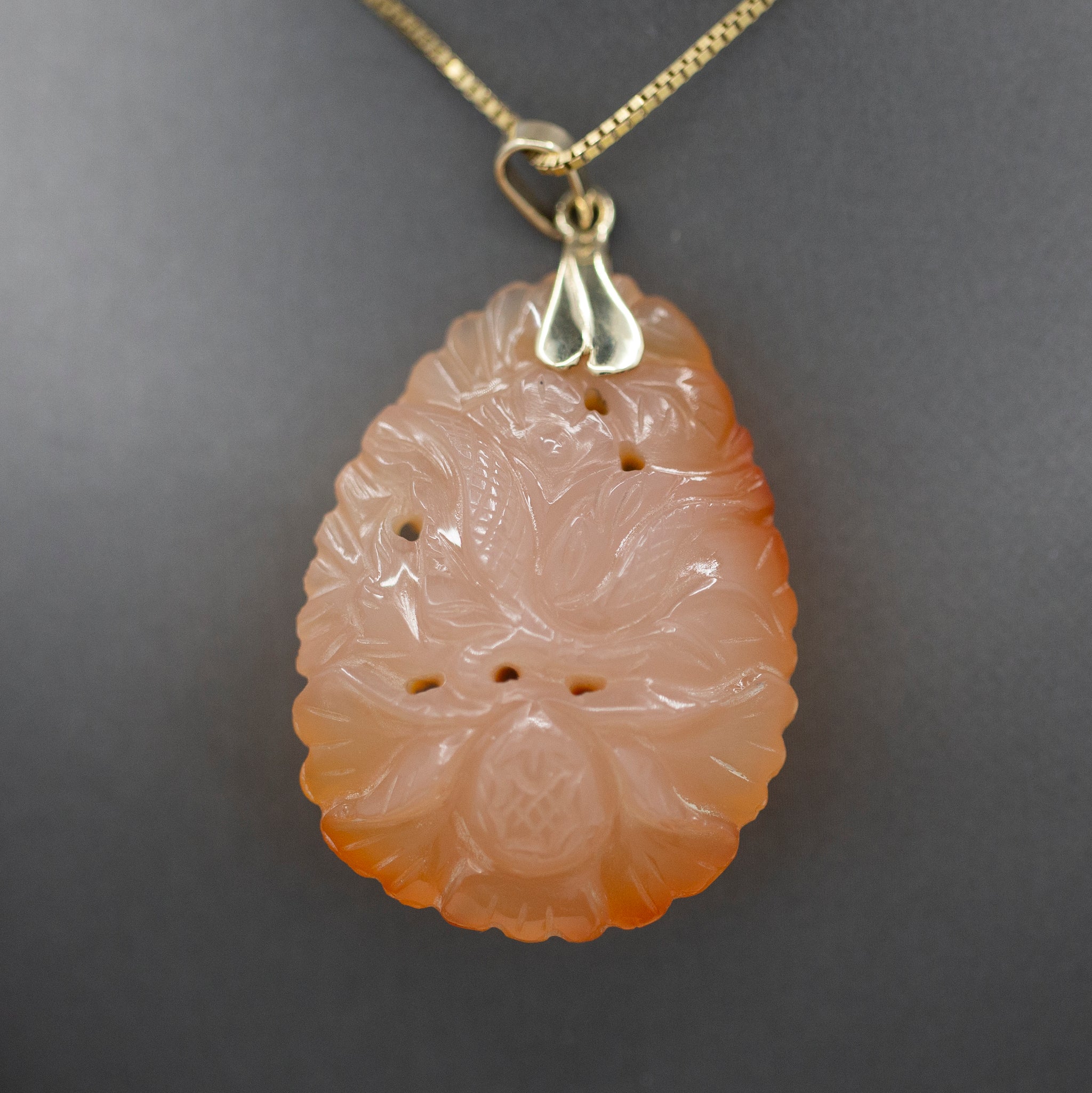 Vintage Carved Red Orange Jadeite Pendant 14k Yellow Gold