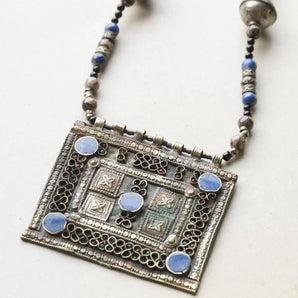 Vintage Moroccan Berber Silver and Enamel Pendant Necklace, Moroccan Jewelry, Berber Jewelry, Berber Necklace, Moroccan Enamel Necklace