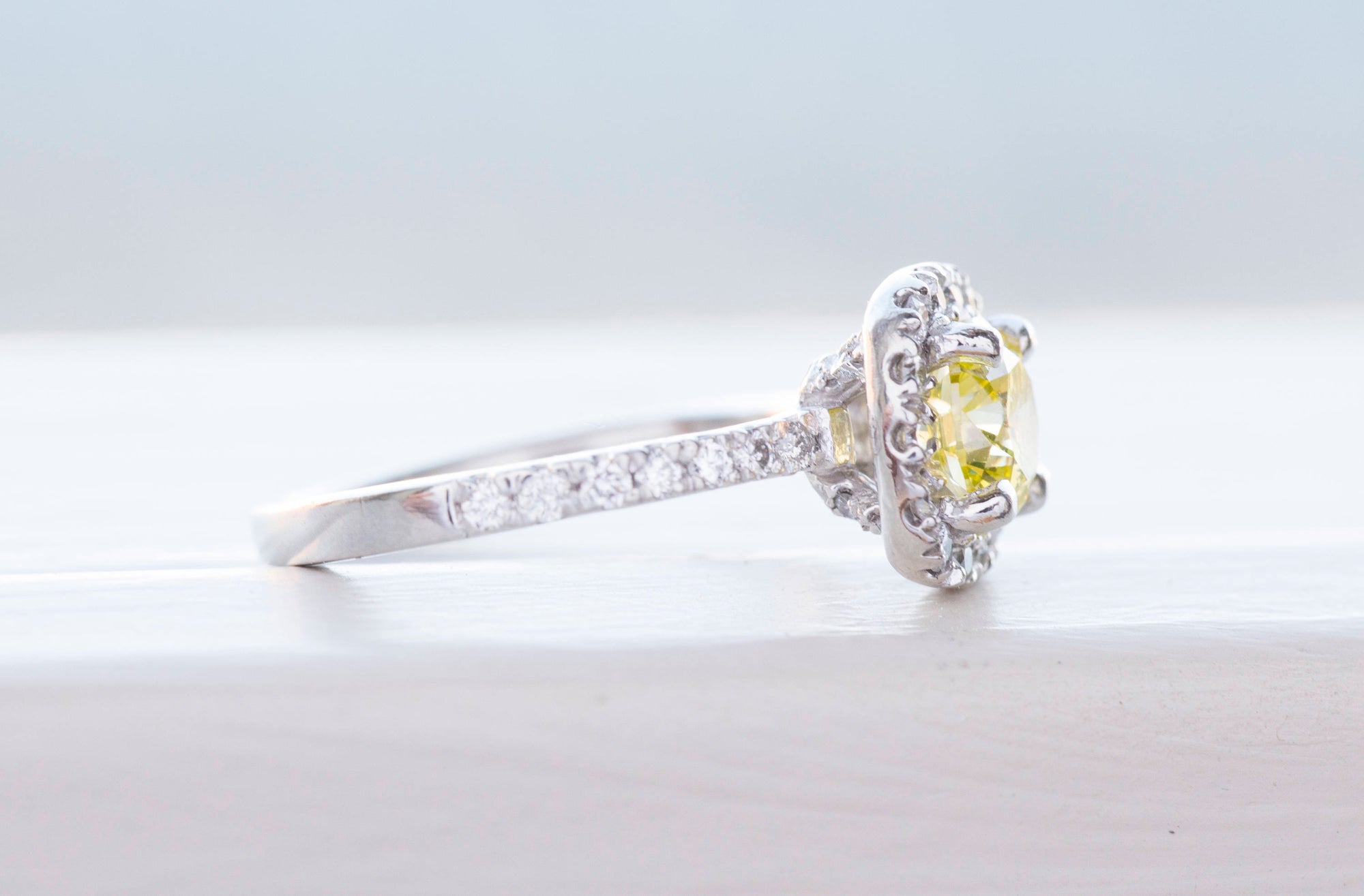 Bright 1.25ctw Yellow Diamond Halo Platinum Engagement Ring Size 5.25