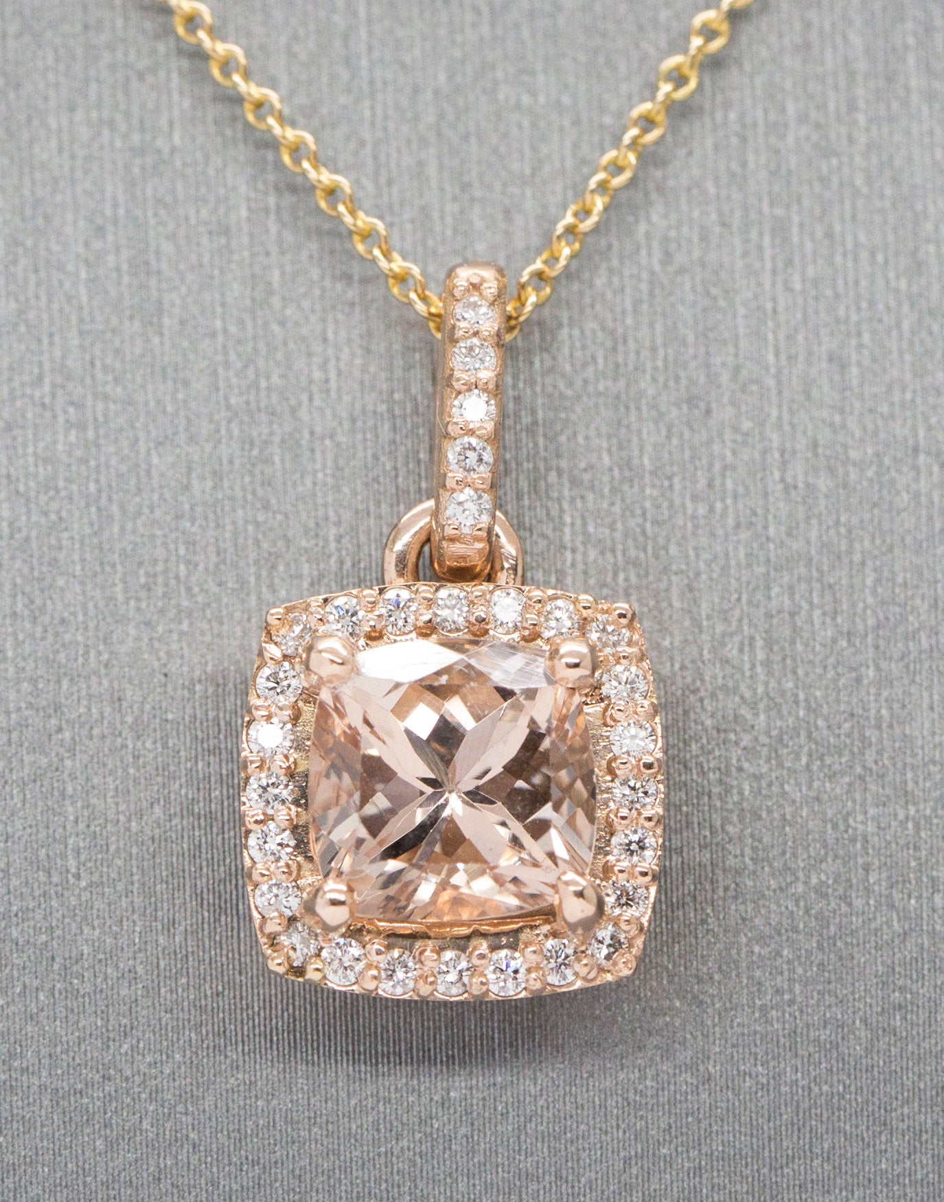 Glamorous 3.07ctw Morganite and Diamond Halo Handmade 14k Rose Gold Pendant Necklace