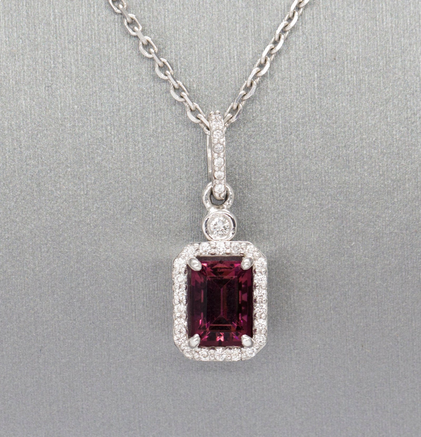 2.58ctw Rhodolite Garnet and Diamond Emerald Cut 14k Halo Pendant Necklace, Rhodolite Garnet Diamond 14k Halo Pendant Necklace, Rhodolite