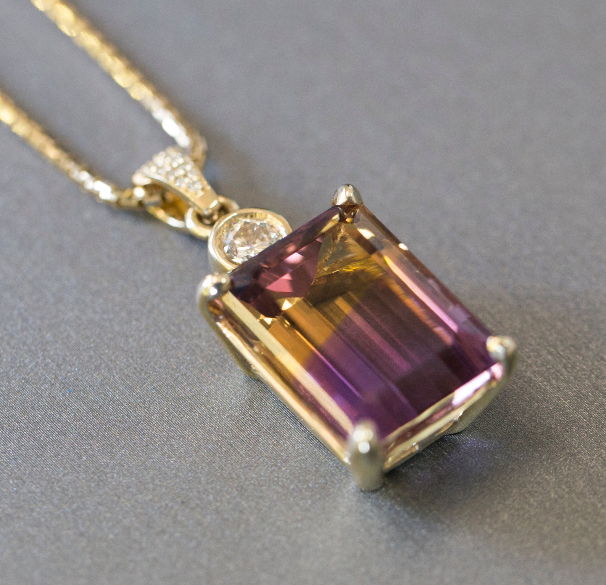 Jaw-Dropping 29.41ctw Emerald Cut Ametrine and Diamond 14k Yellow Gold Necklace