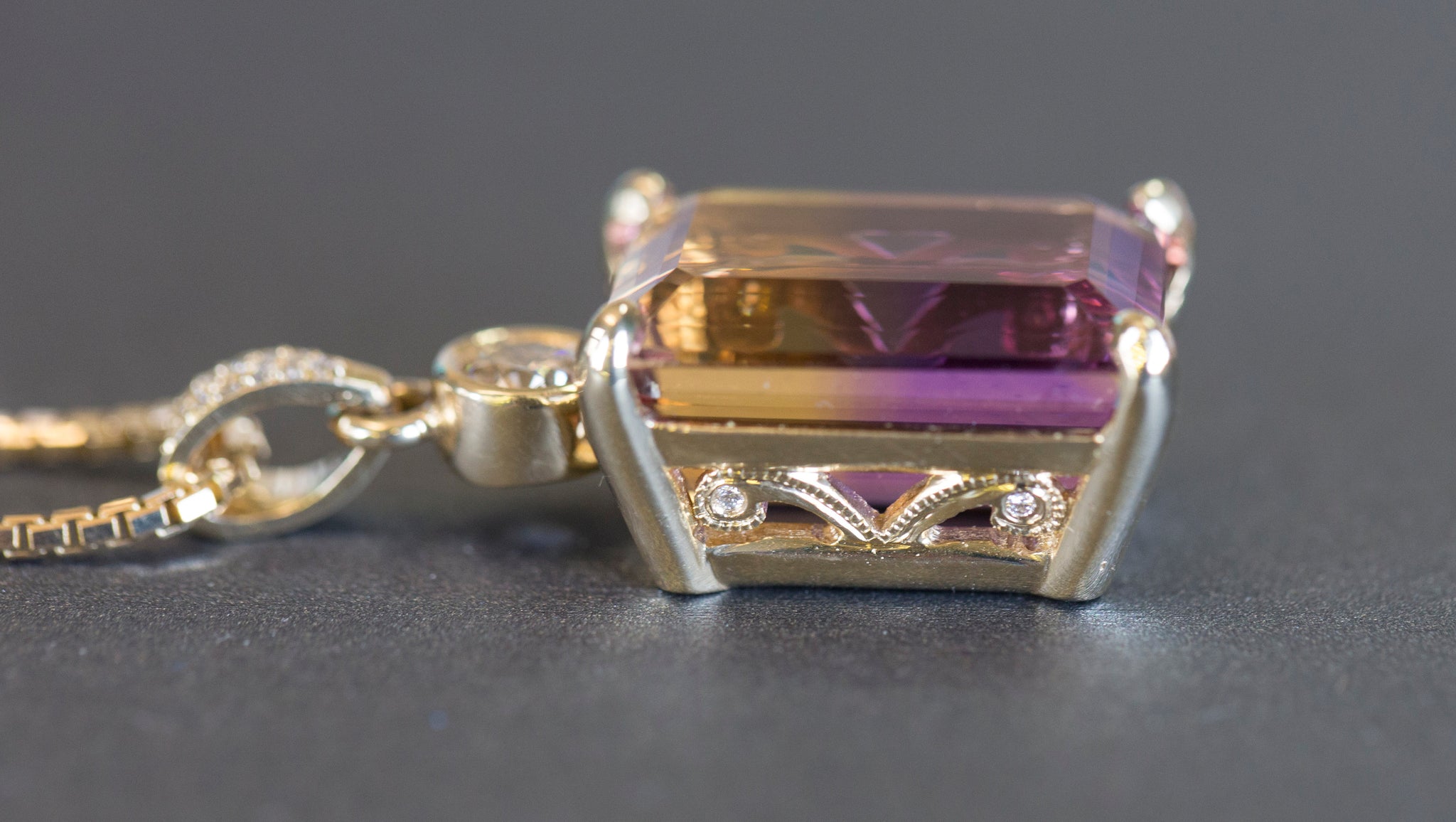 Jaw-Dropping 29.41ctw Emerald Cut Ametrine and Diamond 14k Yellow Gold Necklace