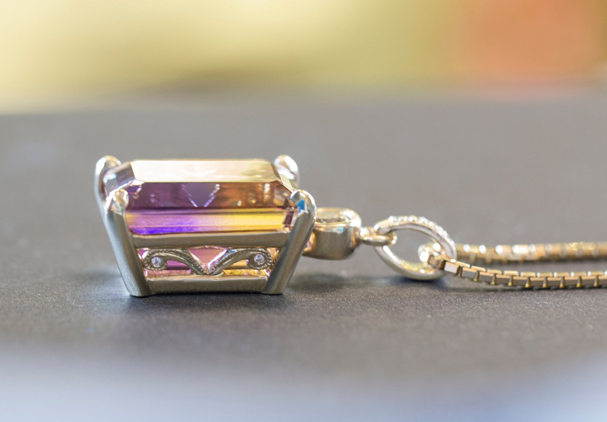 Jaw-Dropping 29.41ctw Emerald Cut Ametrine and Diamond 14k Yellow Gold Necklace