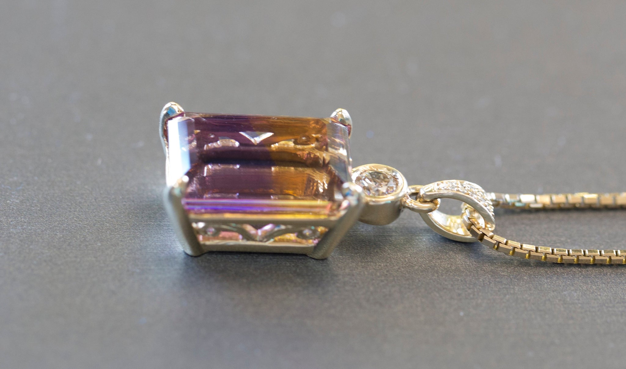 Jaw-Dropping 29.41ctw Emerald Cut Ametrine and Diamond 14k Yellow Gold Necklace
