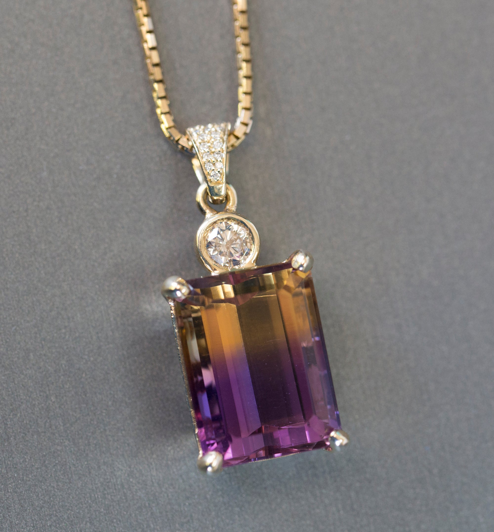 29.41ctw Emerald Cut Ametrine and Diamond 14k Yellow Gold Necklace, Ametrine Diamond 14k Necklace, Emerald Cut Ametrine Pendant Necklace