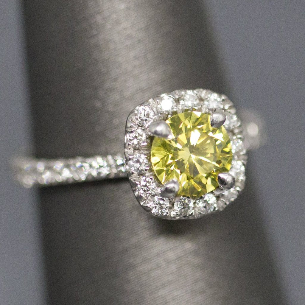 Bright 1.25ctw Yellow Diamond Halo Platinum Engagement Ring Size 5.25