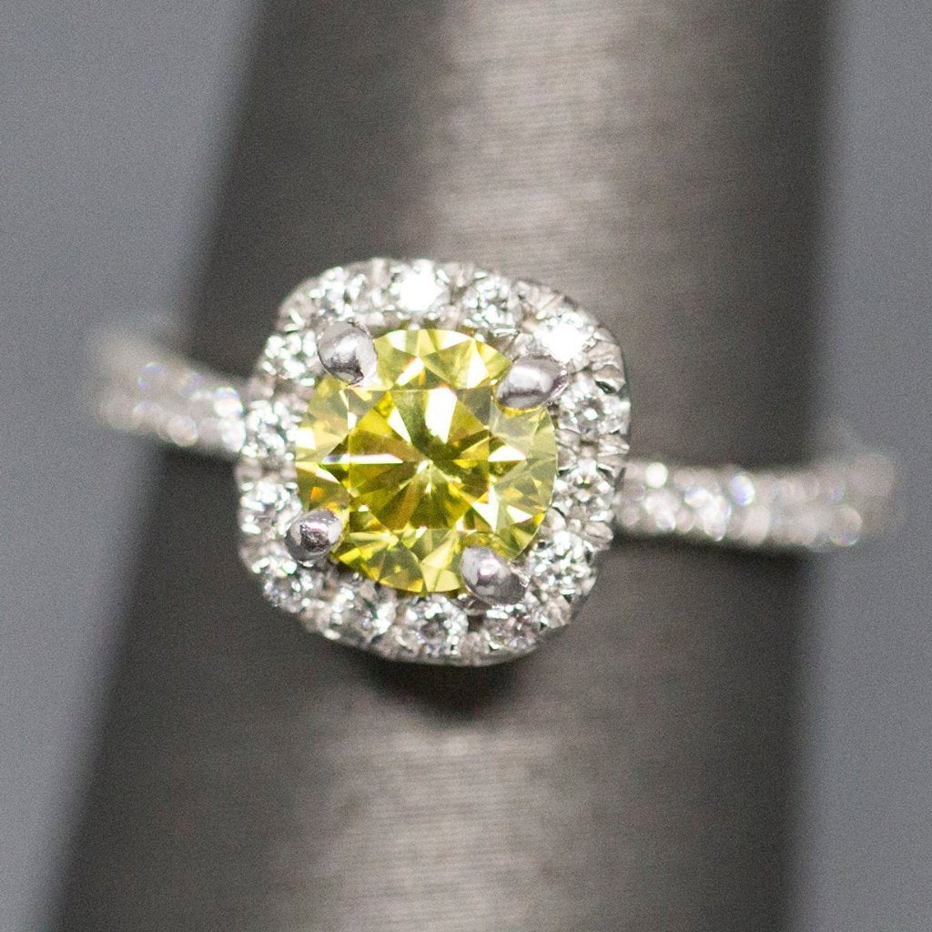 Bright 1.25ctw Yellow Diamond Halo Platinum Engagement Ring Size 5.25