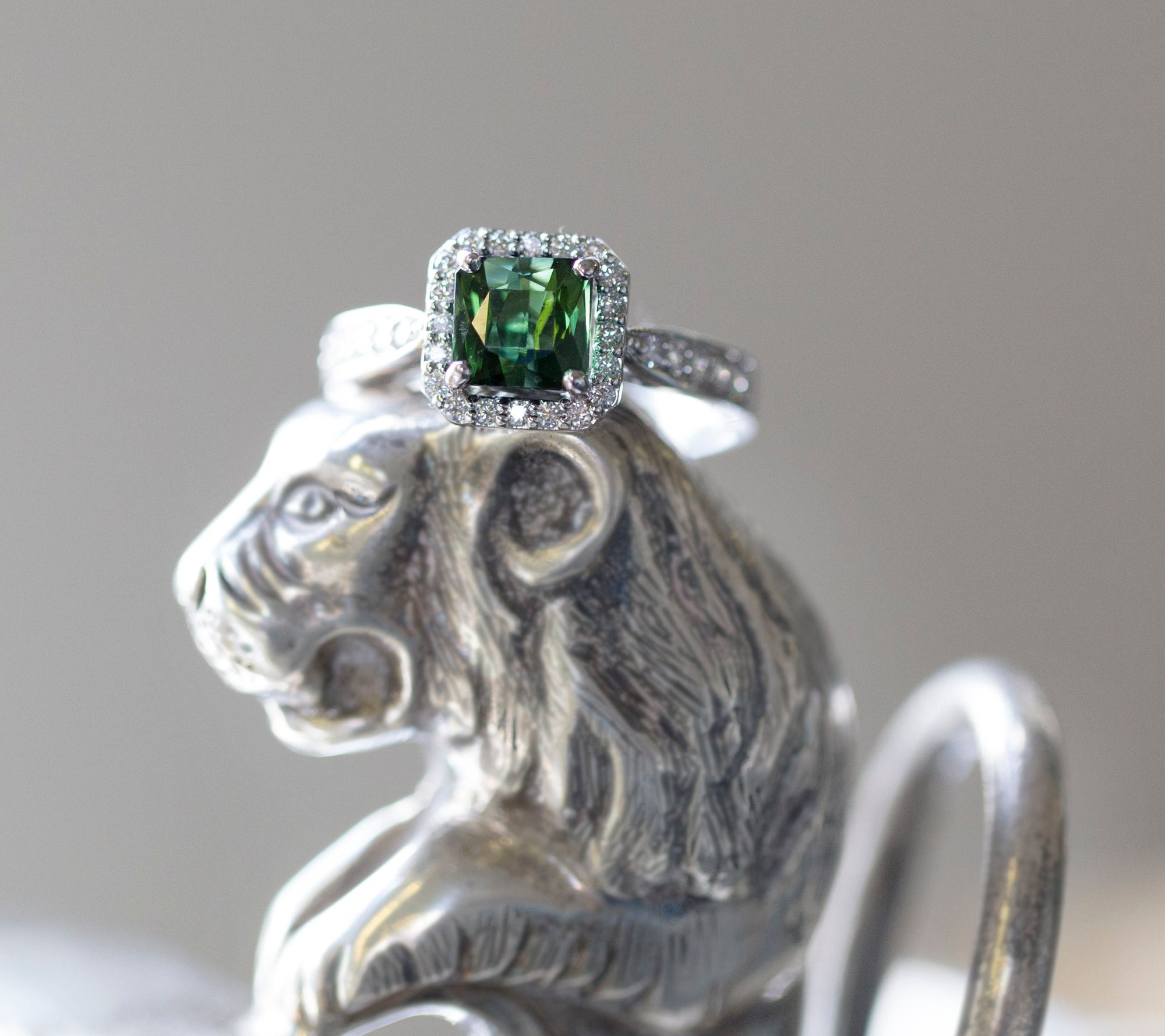 Brazilian Green Tourmaline and Diamond Halo Ring Size 7.25