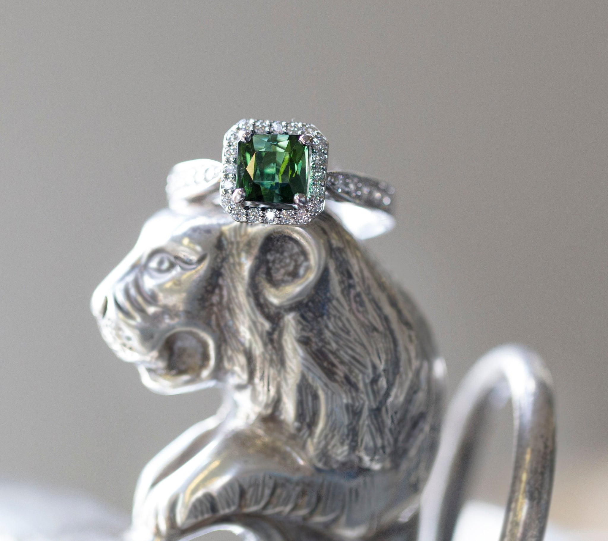Brazilian Green Tourmaline and Diamond Halo Ring Size 7.25
