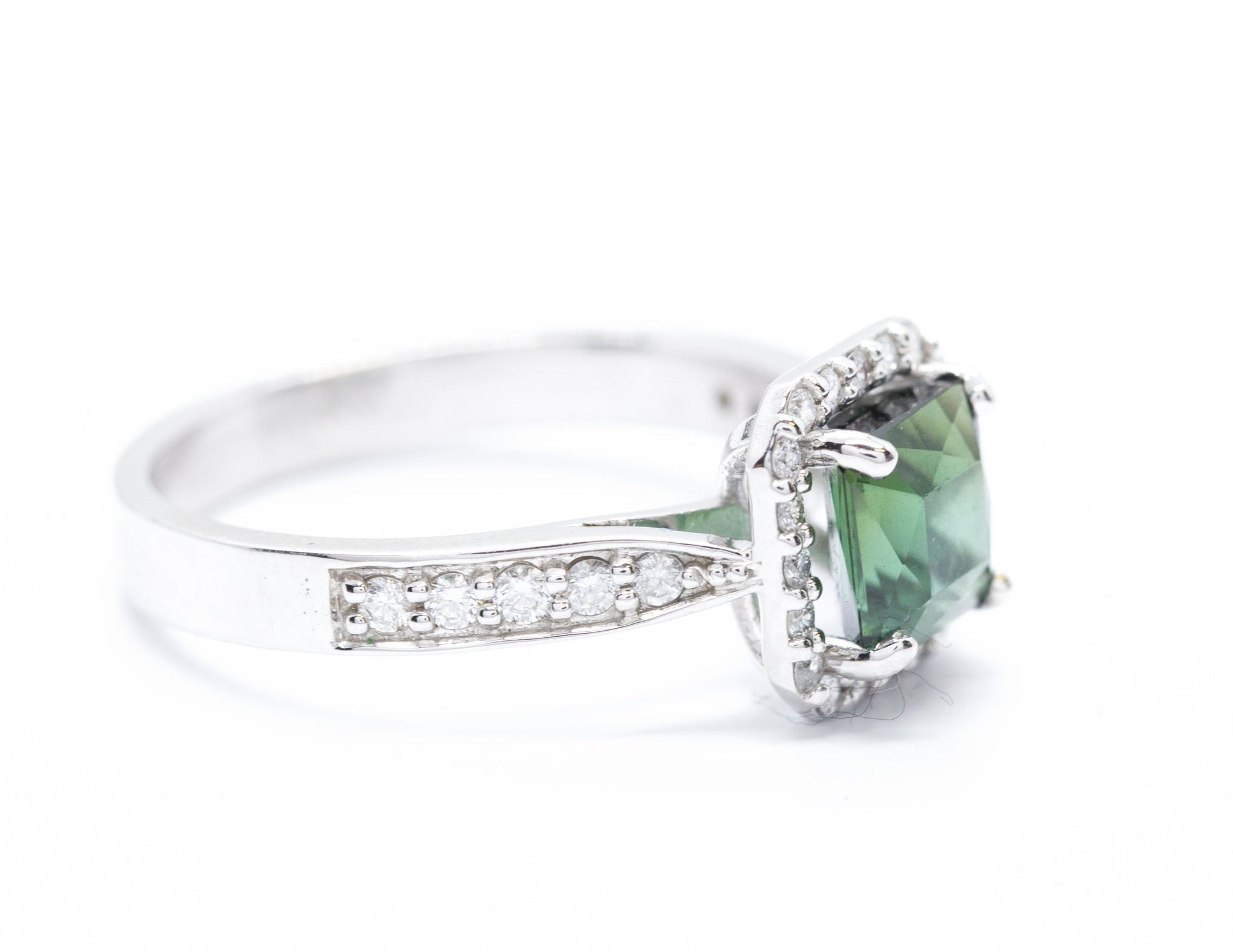 Brazilian Green Tourmaline and Diamond Halo Ring Size 7.25