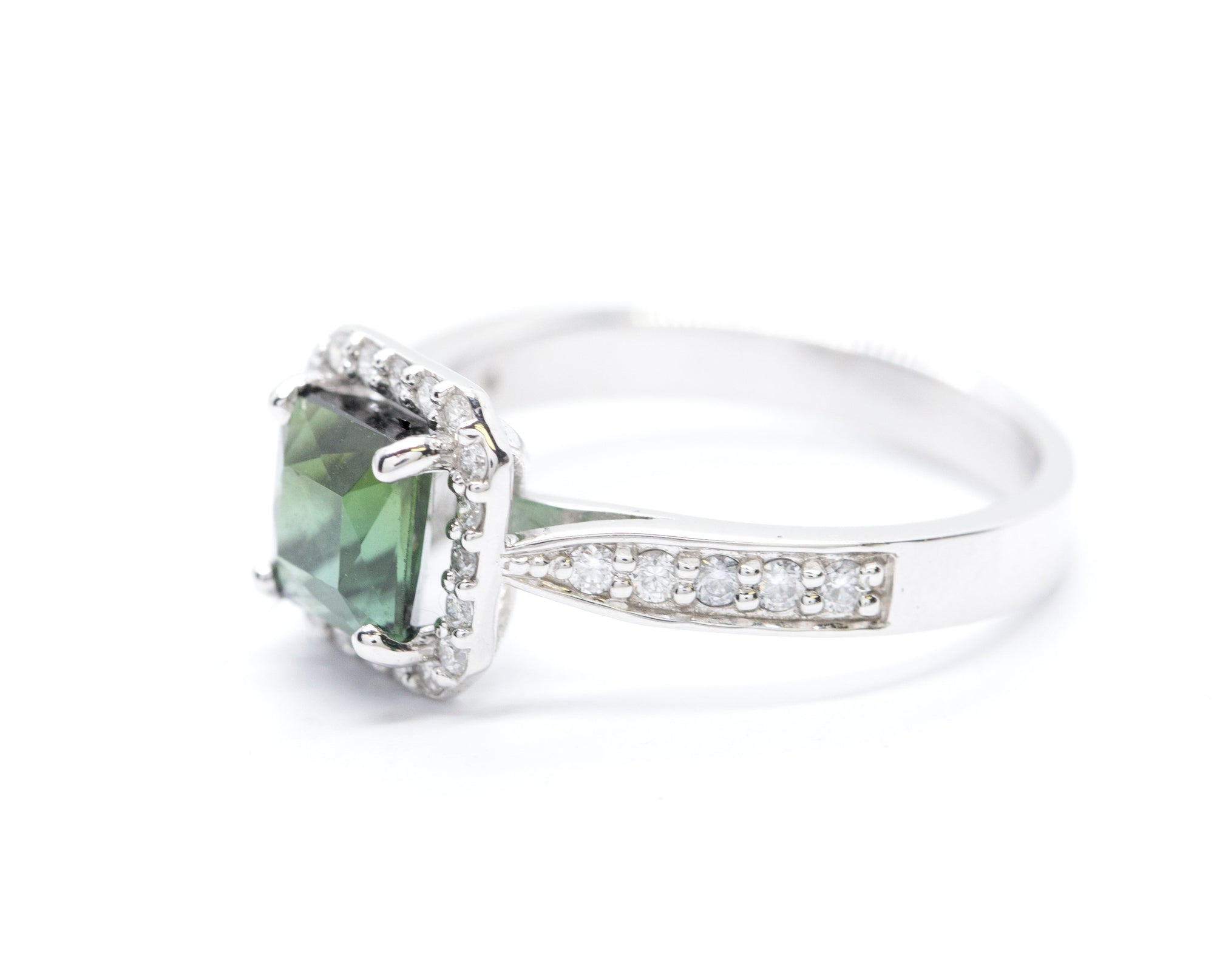 Brazilian Green Tourmaline and Diamond Halo Ring Size 7.25