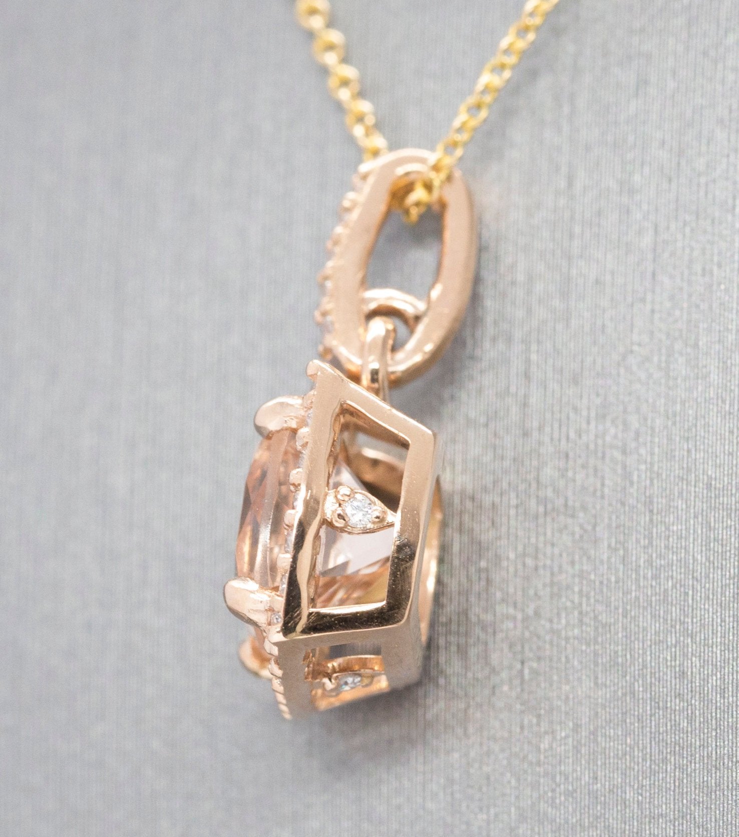 Glamorous 3.07ctw Morganite and Diamond Halo Handmade 14k Rose Gold Pendant Necklace