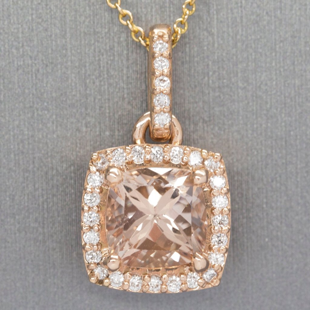 3.07ctw Morganite and Diamond Halo Handmade 14k Rose Gold Pendant, Morganite Diamond 14k Rose Gold Pendant, Morganite Diamond Halo Pendant