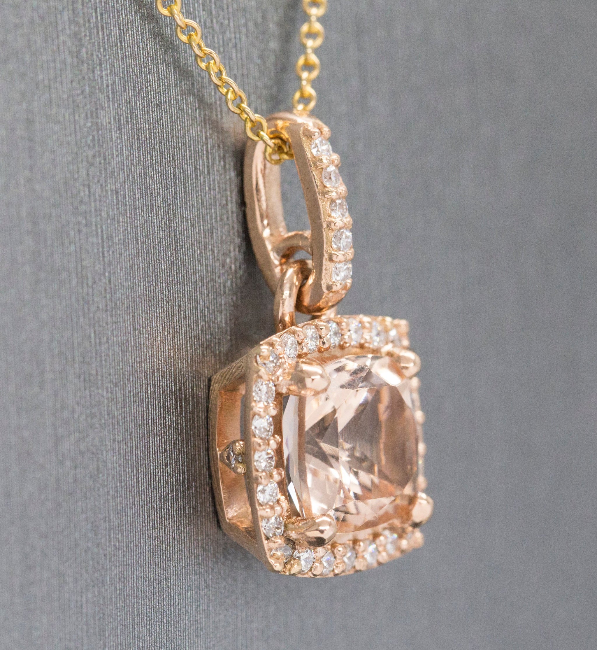 Glamorous 3.07ctw Morganite and Diamond Halo Handmade 14k Rose Gold Pendant Necklace