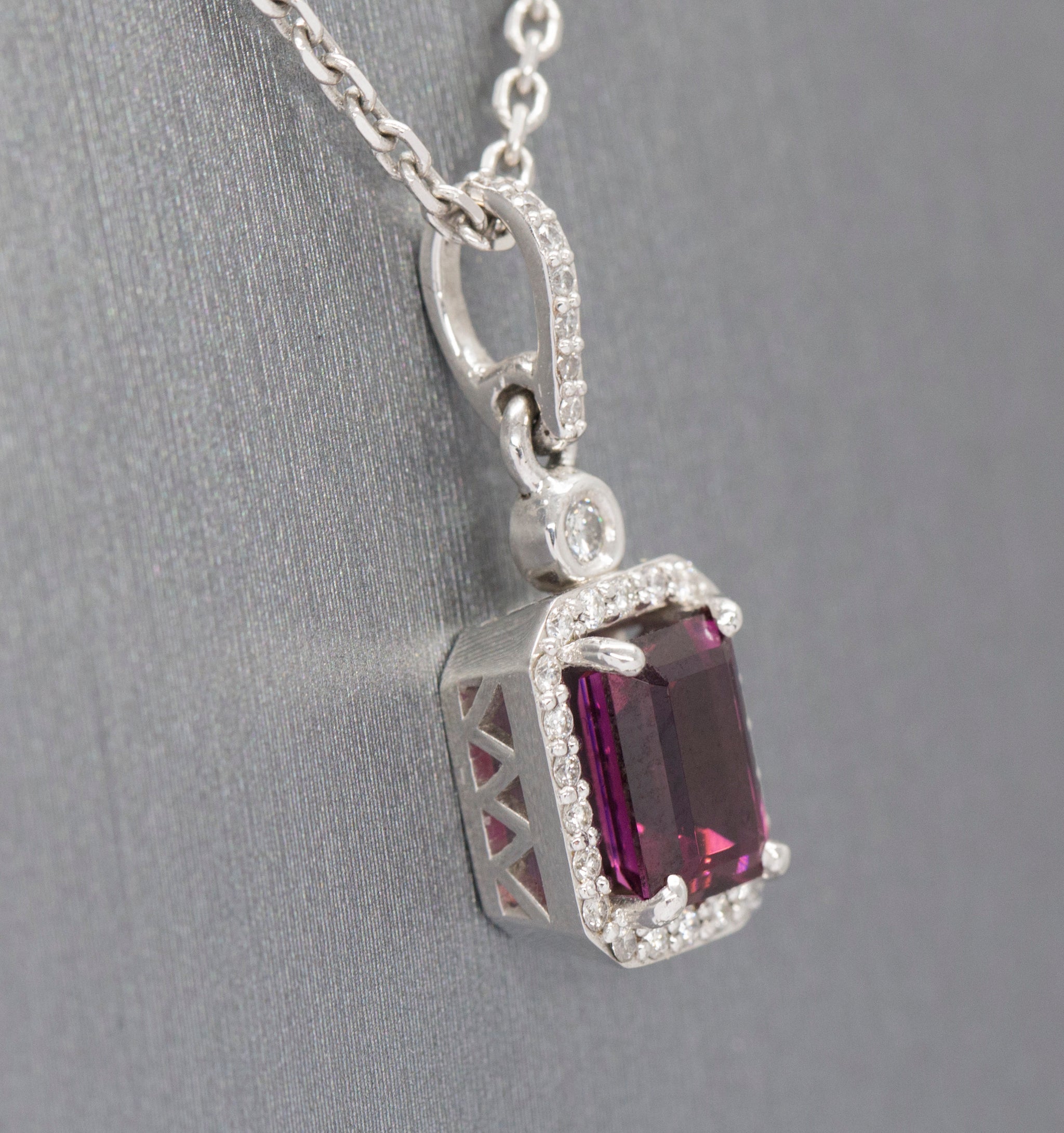 Gorgeous 2.58ctw Rhodolite Garnet and Diamond Emerald Cut 14k Halo Pendant Necklace