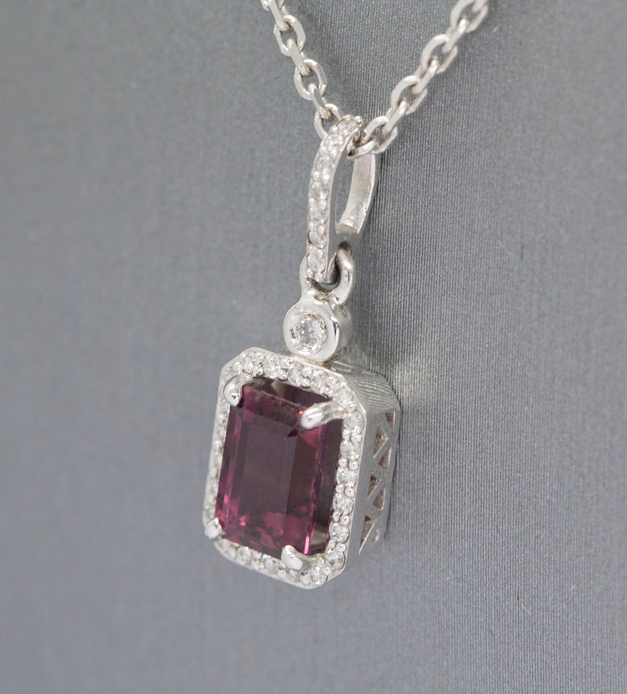Gorgeous 2.58ctw Rhodolite Garnet and Diamond Emerald Cut 14k Halo Pendant Necklace