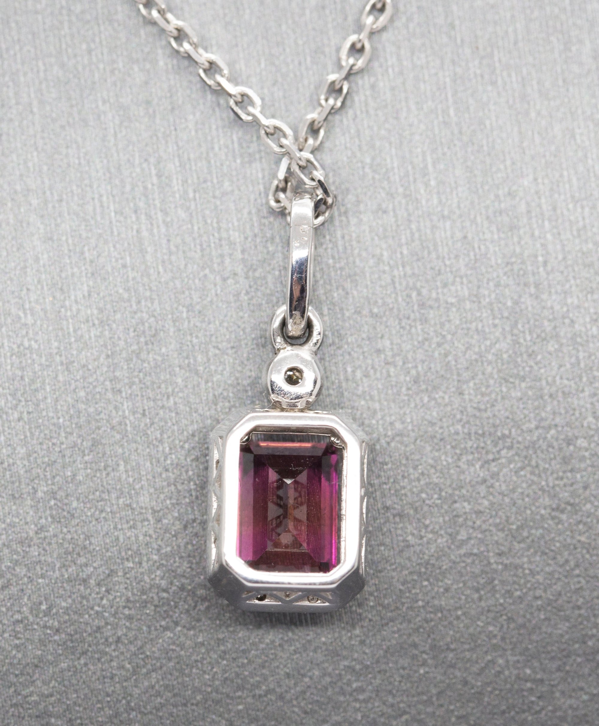 Gorgeous 2.58ctw Rhodolite Garnet and Diamond Emerald Cut 14k Halo Pendant Necklace