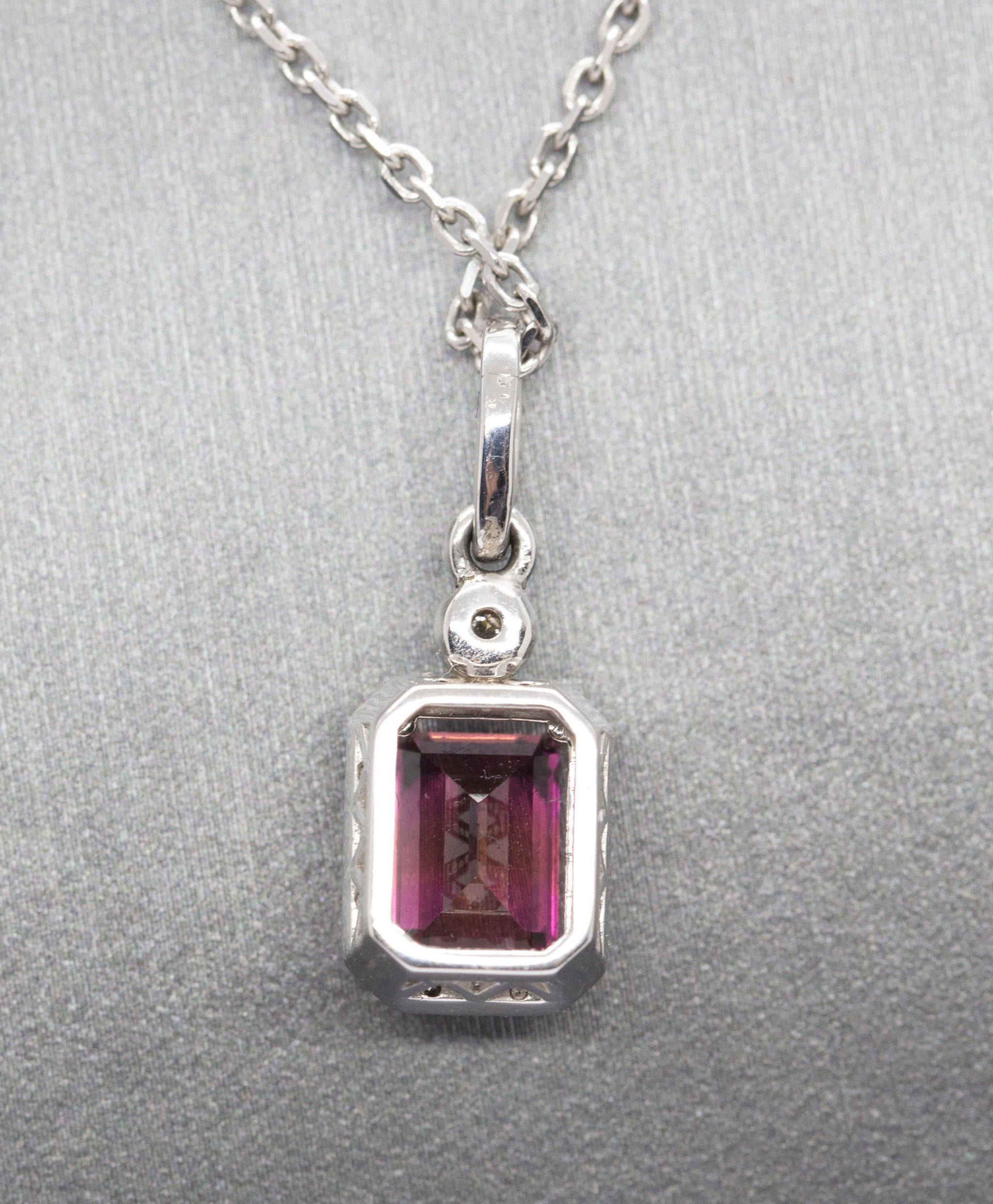 Gorgeous 2.58ctw Rhodolite Garnet and Diamond Emerald Cut 14k Halo Pendant Necklace