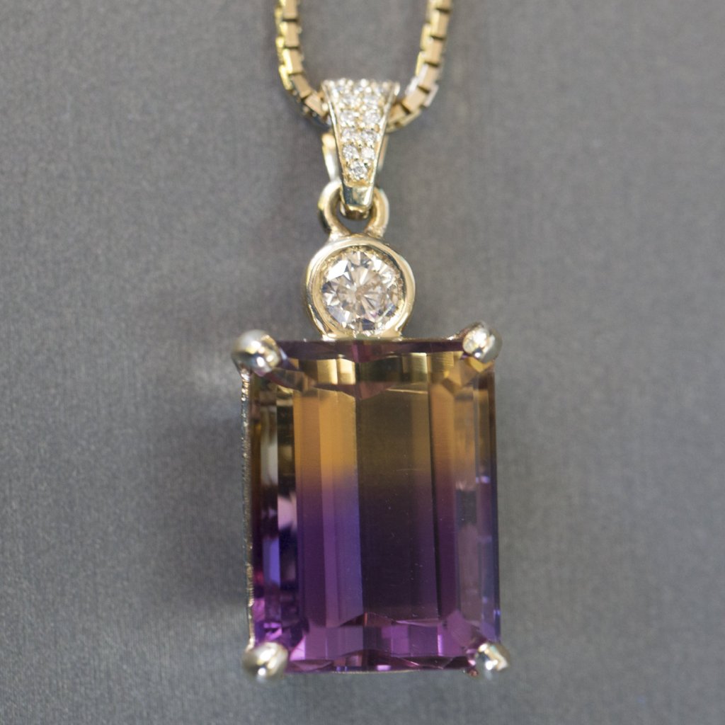 Jaw-Dropping 29.41ctw Emerald Cut Ametrine and Diamond 14k Yellow Gold Necklace