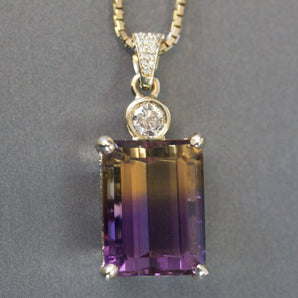 Jaw-Dropping 29.41ctw Emerald Cut Ametrine and Diamond 14k Yellow Gold Necklace