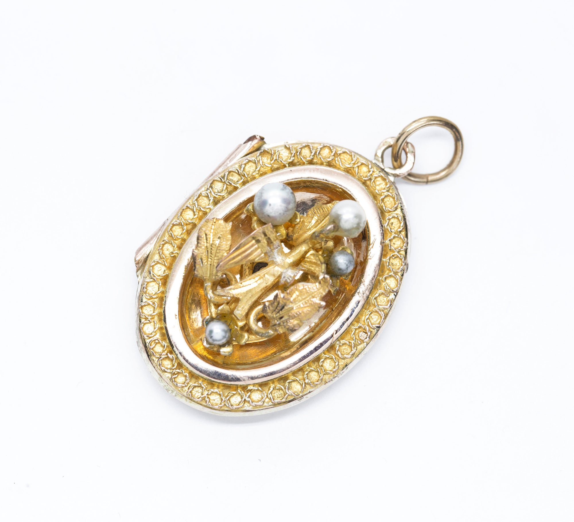 Antique Victorian Italian Bird and Pearl Locket Pendant 14k Yellow Gold