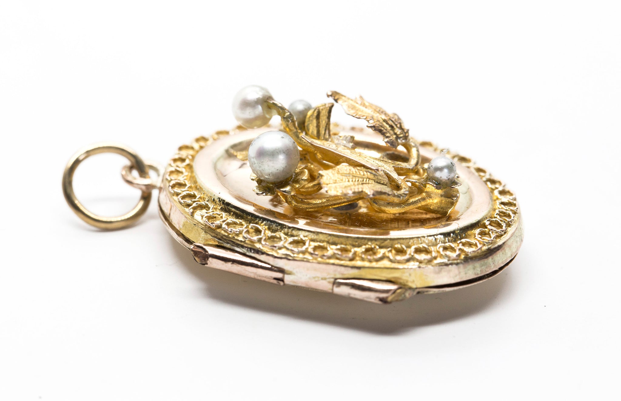 Antique Victorian Italian Bird and Pearl Locket Pendant 14k Yellow Gold