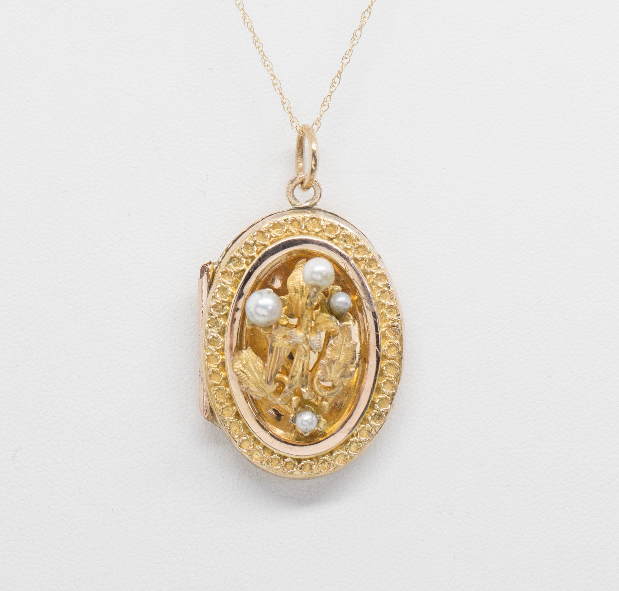 Antique Victorian Italian Bird and Pearl Locket Pendant 14k Yellow Gold