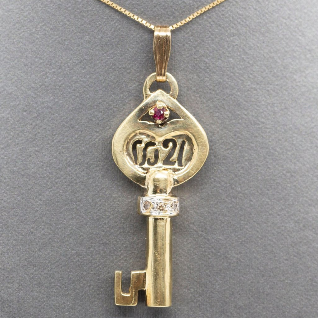 1921 Art Nouveau Ruby and Diamond Accent Key Pendant Solid 14k, Lock and Key, Art Nouveau Jewelry, Antique Key, Sentimental Pendant, For Her