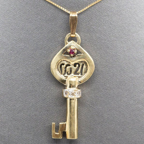 1921 Art Nouveau Ruby and Diamond Accent Key Pendant Solid 14k, Lock and Key, Art Nouveau Jewelry, Antique Key, Sentimental Pendant, For Her