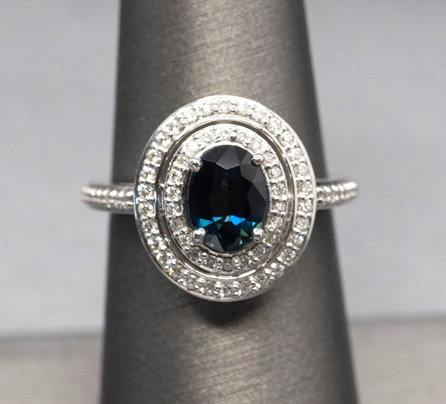 Handcrafted 2.47ctw Natural Blue Sapphire and Double Diamond Halo Ring 14k Size 7