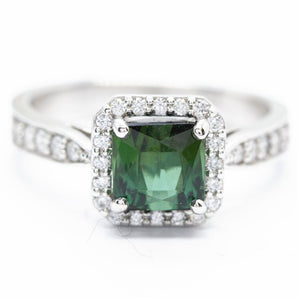 Brazilian Green Tourmaline and Diamond Halo Ring, 14k, Unique Engagement Ring, October Birthday, October Birthstone, Green Engagement Ring