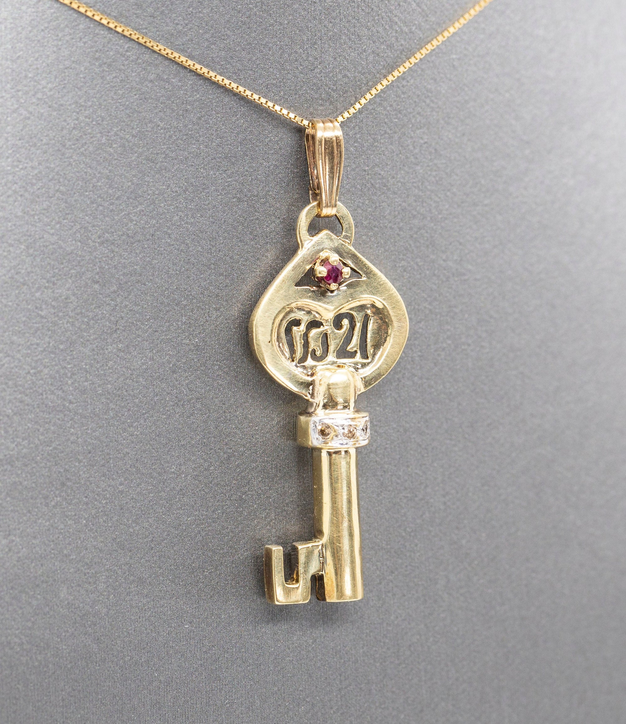 1921 Art Nouveau Ruby and Diamond Accent Key Pendant Solid 14k