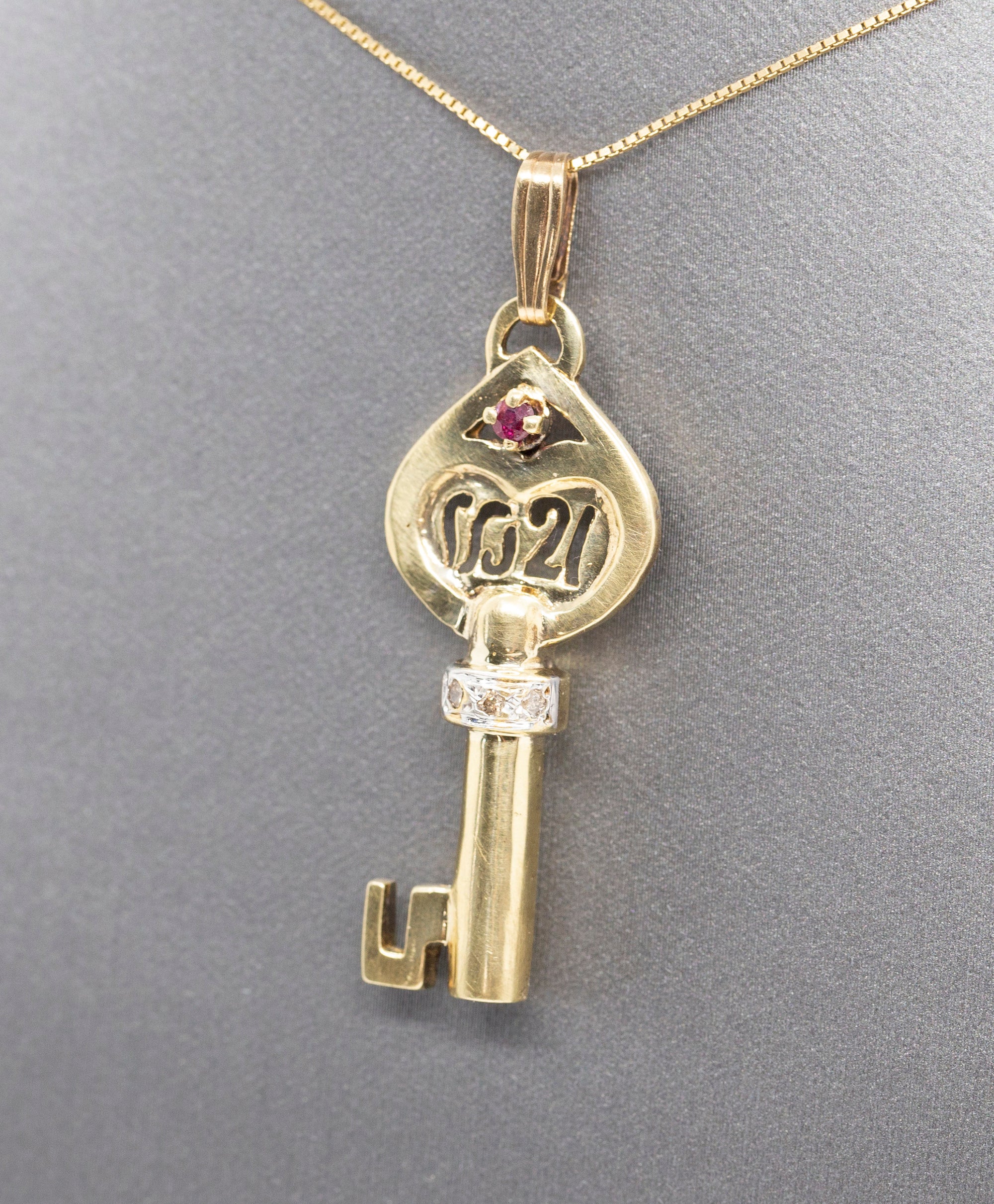 1921 Art Nouveau Ruby and Diamond Accent Key Pendant Solid 14k