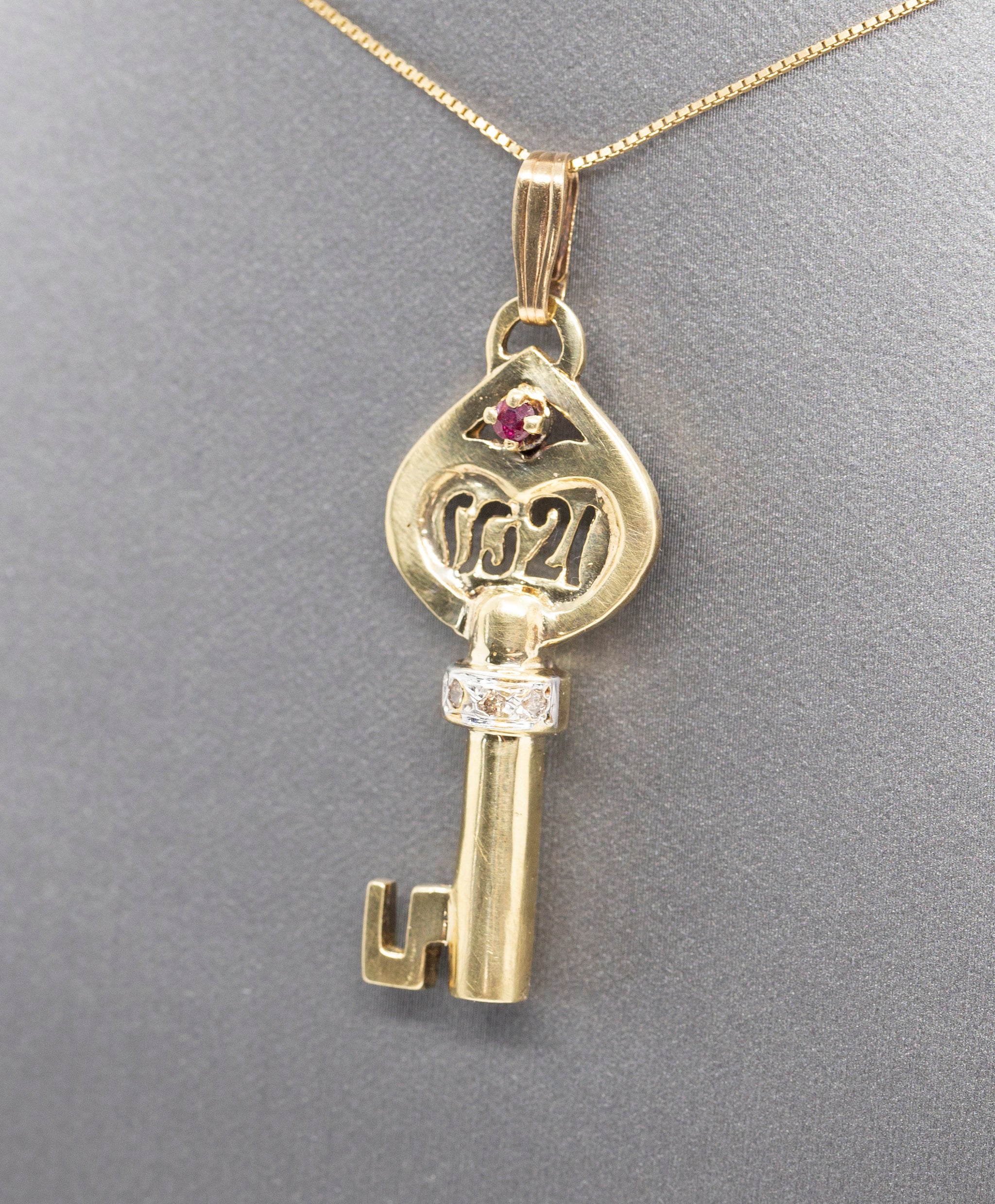 1921 Art Nouveau Ruby and Diamond Accent Key Pendant Solid 14k