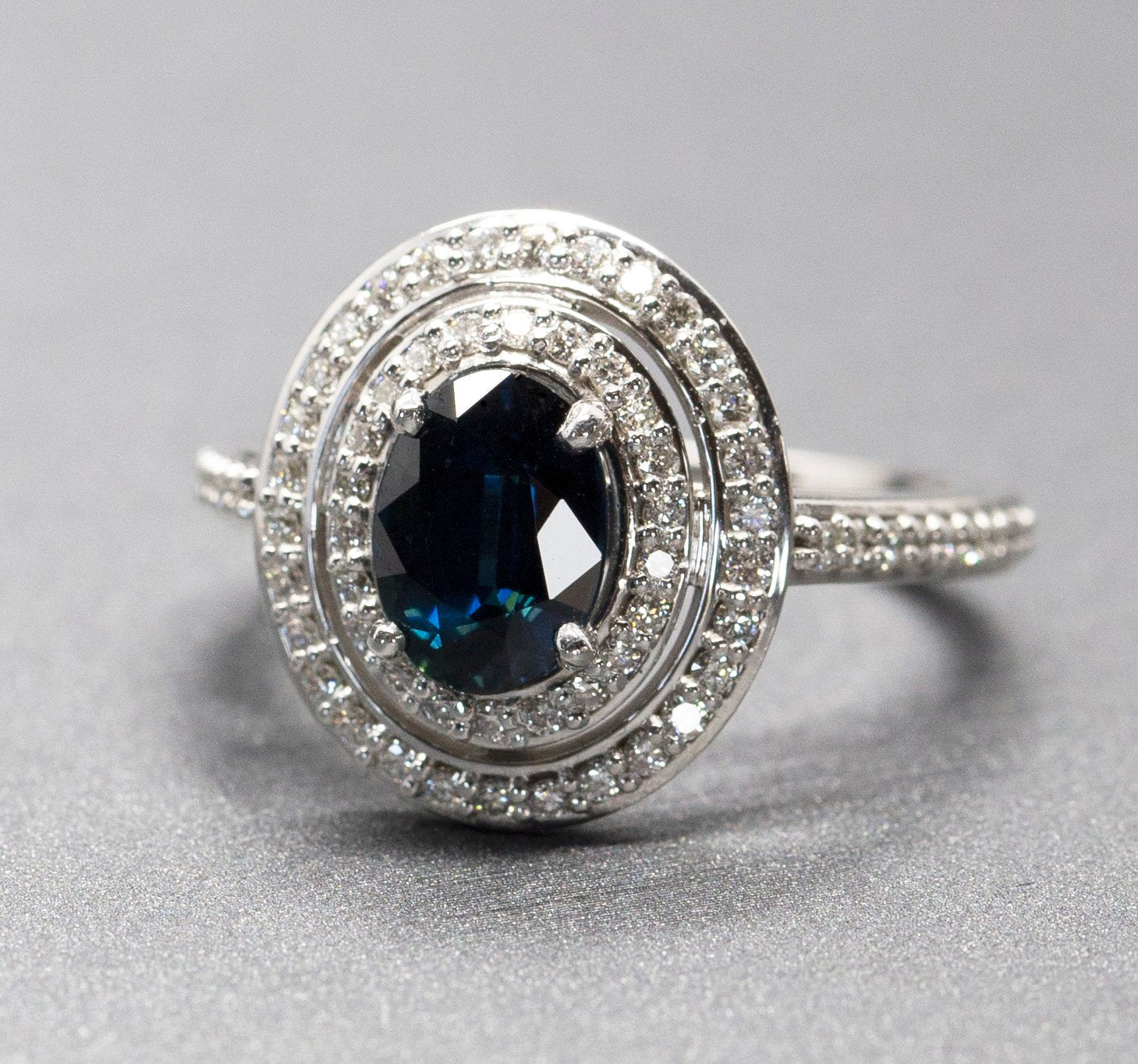 Handcrafted 2.47ctw Natural Blue Sapphire and Double Diamond Halo Ring 14k Size 7