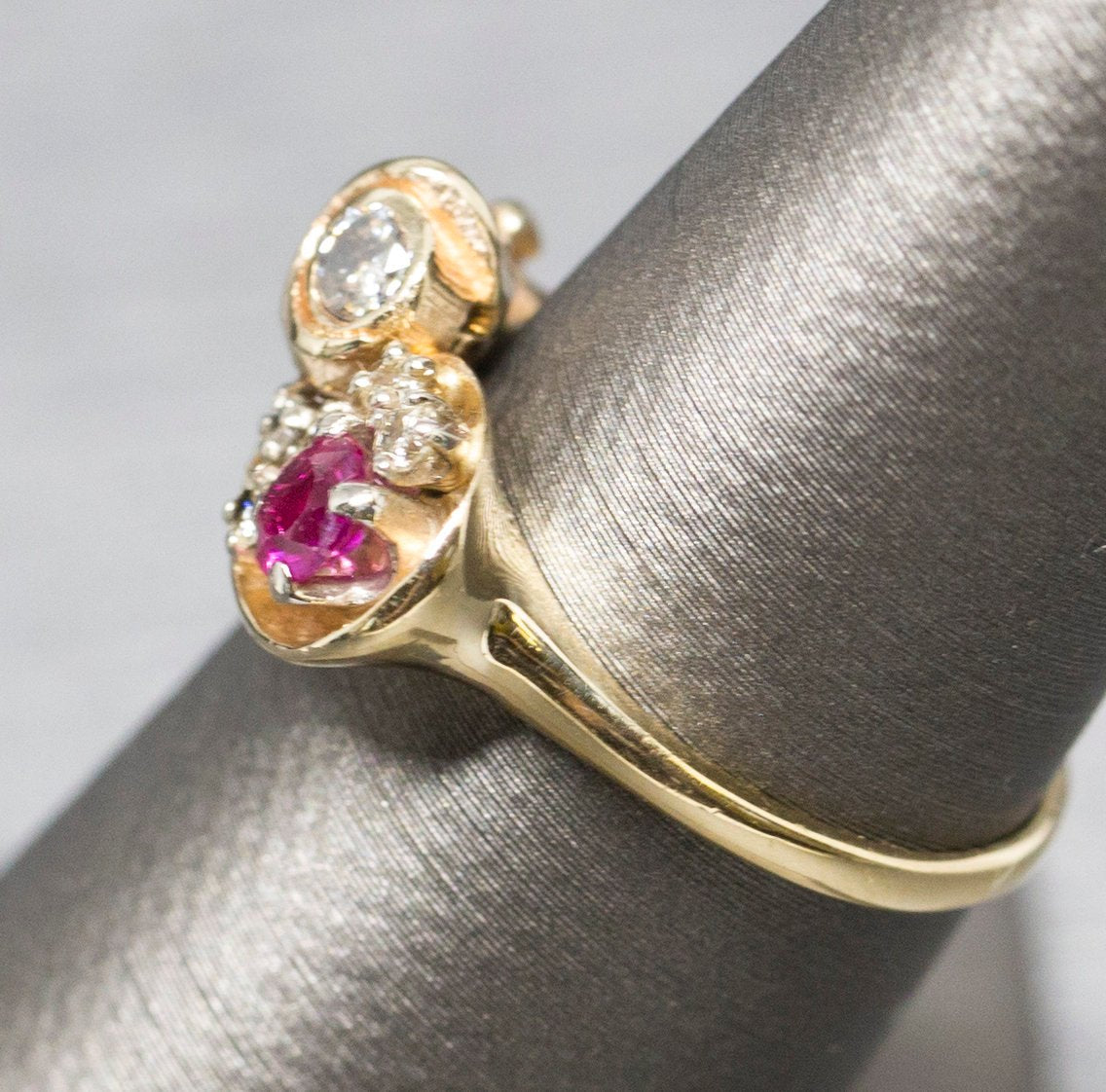 Sweet Vintage Ruby and Diamond Rose Ring in 14k Size 6