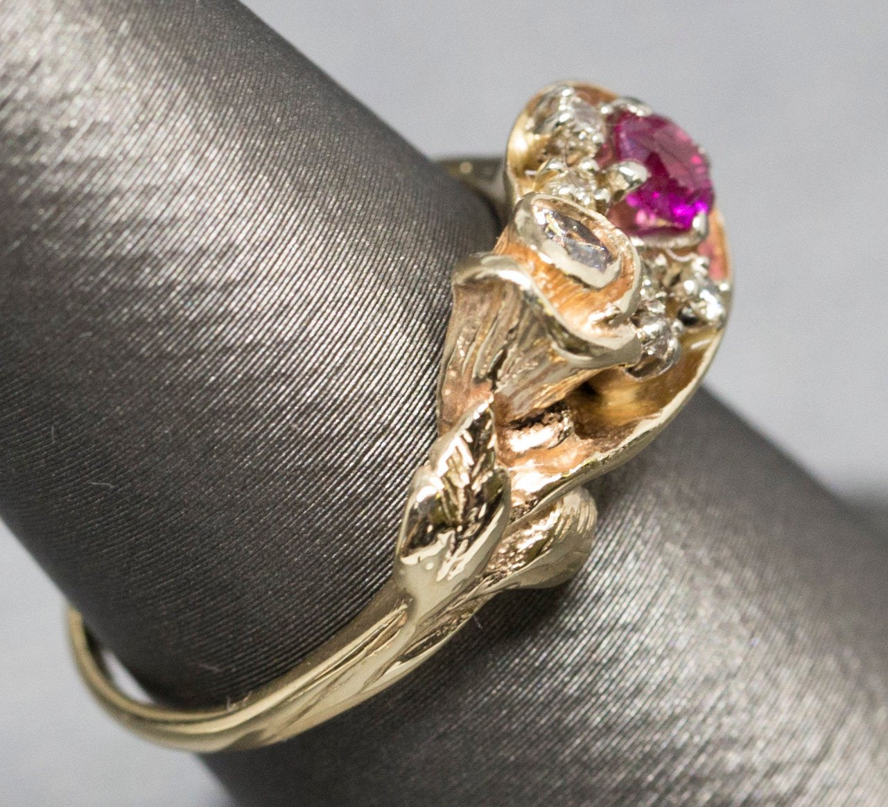 Sweet Vintage Ruby and Diamond Rose Ring in 14k Size 6