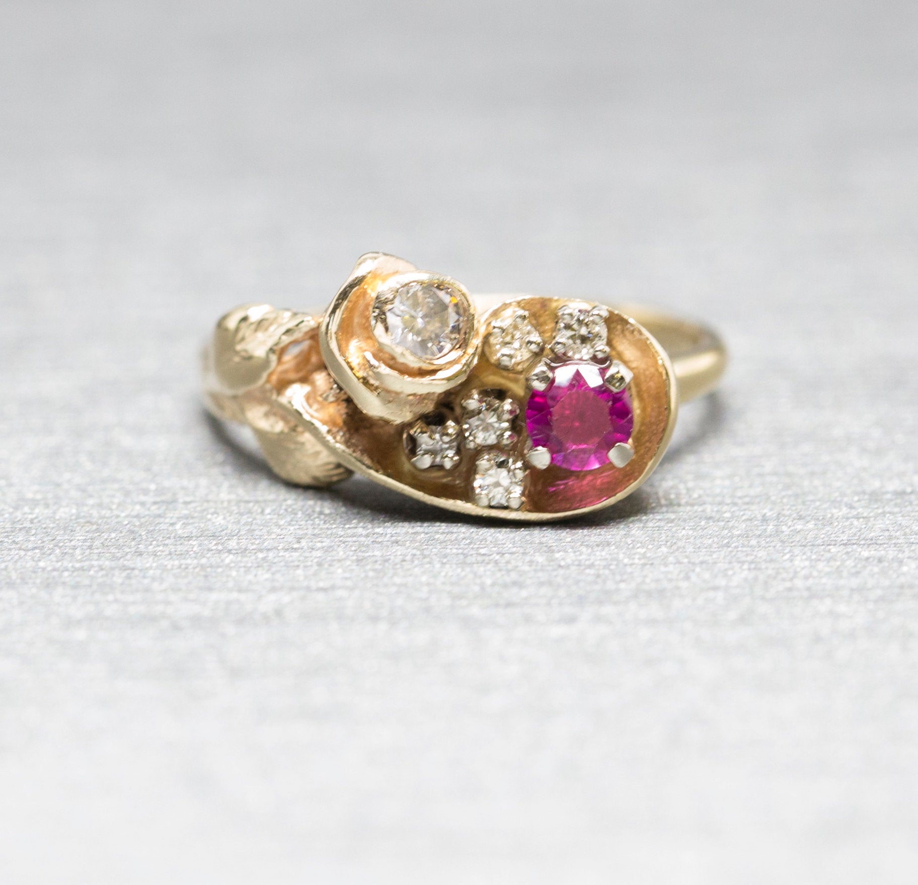 Sweet Vintage Ruby and Diamond Rose Ring in 14k Size 6