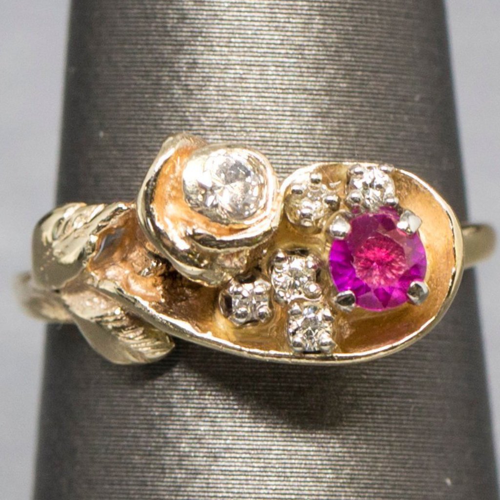 Sweet Vintage Ruby and Diamond Rose Ring in 14k, July Birthstone, Anniversary Ring, Handmade Flower Cluster Ring, Romantic Dainty Ruby Ring
