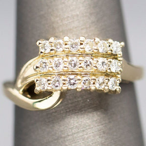 Vintage Three Row Diamond Ring 14k, Retro Wedding Ring, Anniversary Ring, Cocktail Ring, Round Cut Diamond, Bypass Design, Feminine Ring
